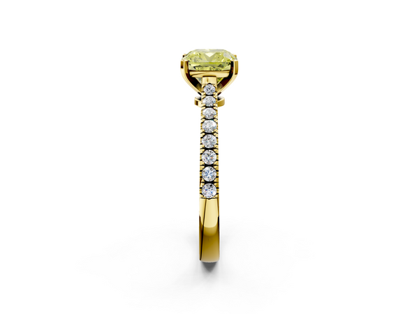 Yellow gold Fancy Yellow Cushion  Cut Solitaire Diamond Engagement Ring with Pave Band and Four-Prong Setting