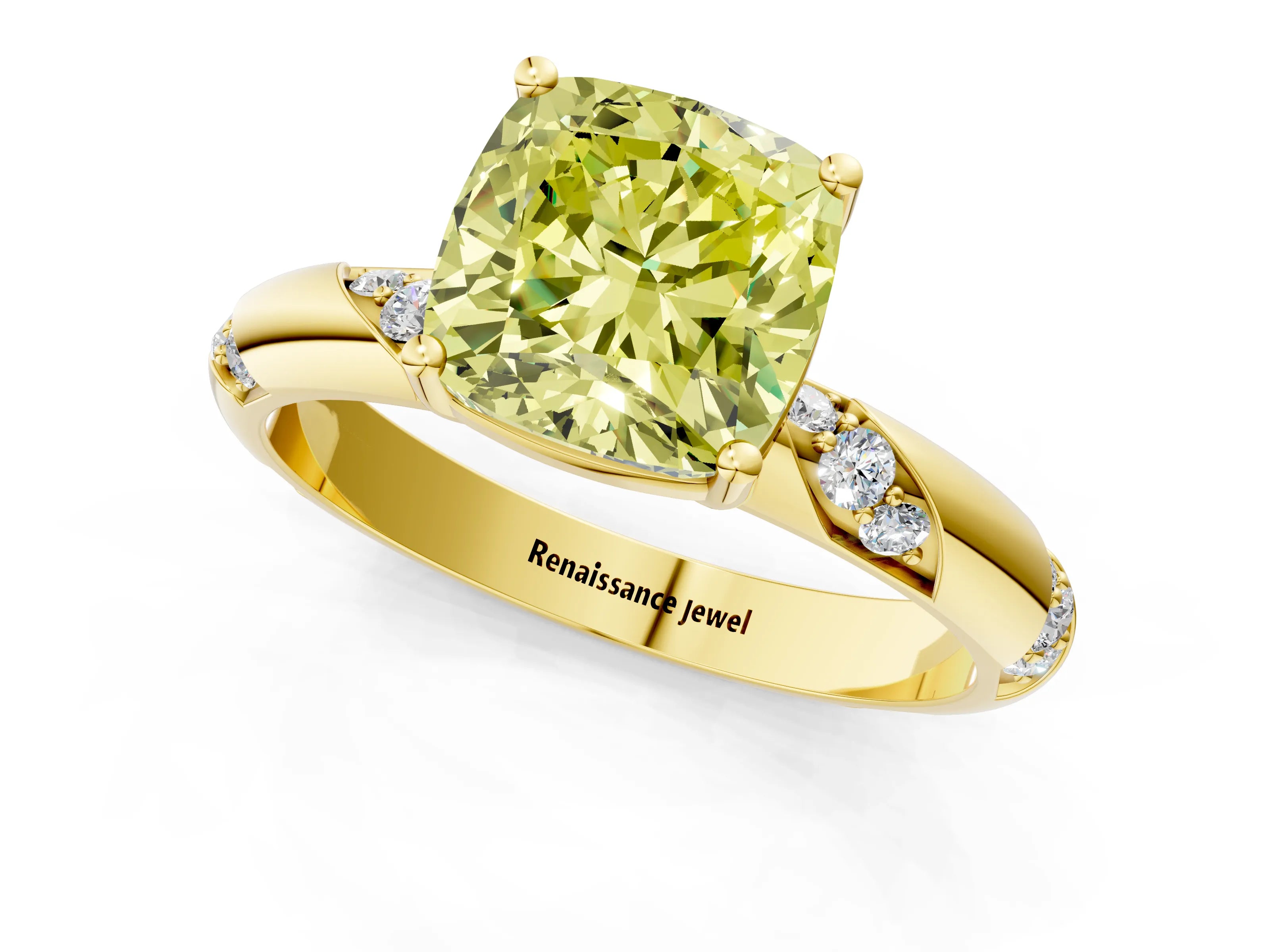 Yellow gold Fancy Yellow Cushion Cut Solitaire Diamond Engagement Ring with Twisted Pave Band and Four-Prong Setting_13