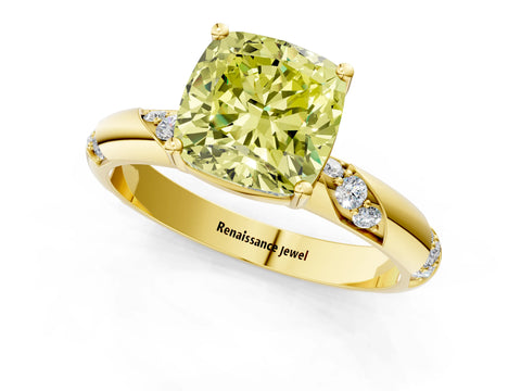 Yellow gold Fancy Yellow Cushion Cut Solitaire Diamond Engagement Ring with Twisted Pave Band and Four-Prong Setting_13