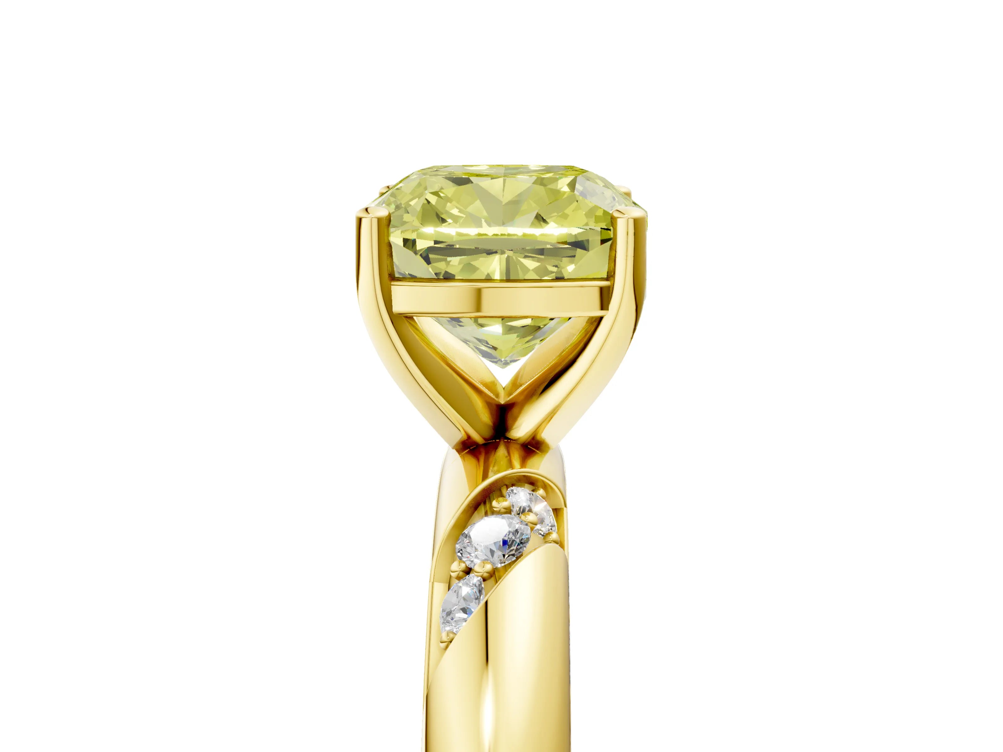 Yellow gold Fancy Yellow Cushion Cut Solitaire Diamond Engagement Ring with Twisted Pave Band and Four-Prong Setting_17