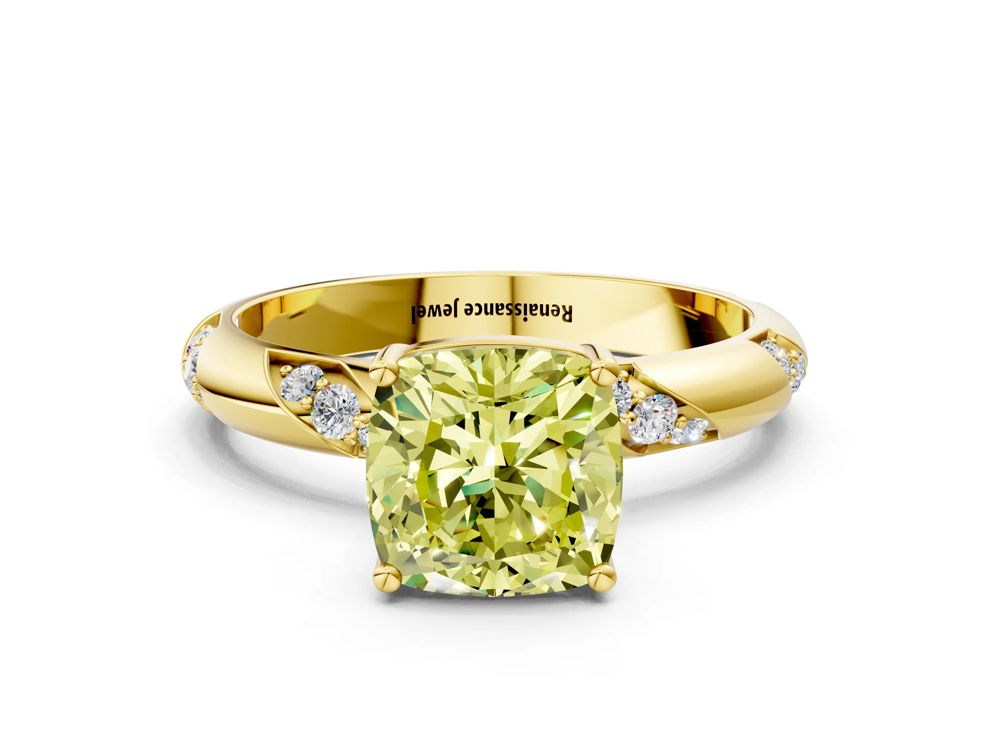 Yellow gold Fancy Yellow Cushion Cut Solitaire Diamond Engagement Ring with Twisted Pave Band and Four-Prong Setting_24