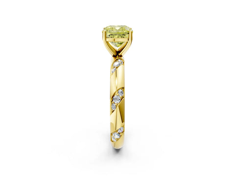Yellow gold Fancy Yellow Cushion Cut Solitaire Diamond Engagement Ring with Twisted Pave Band and Four-Prong Setting_5