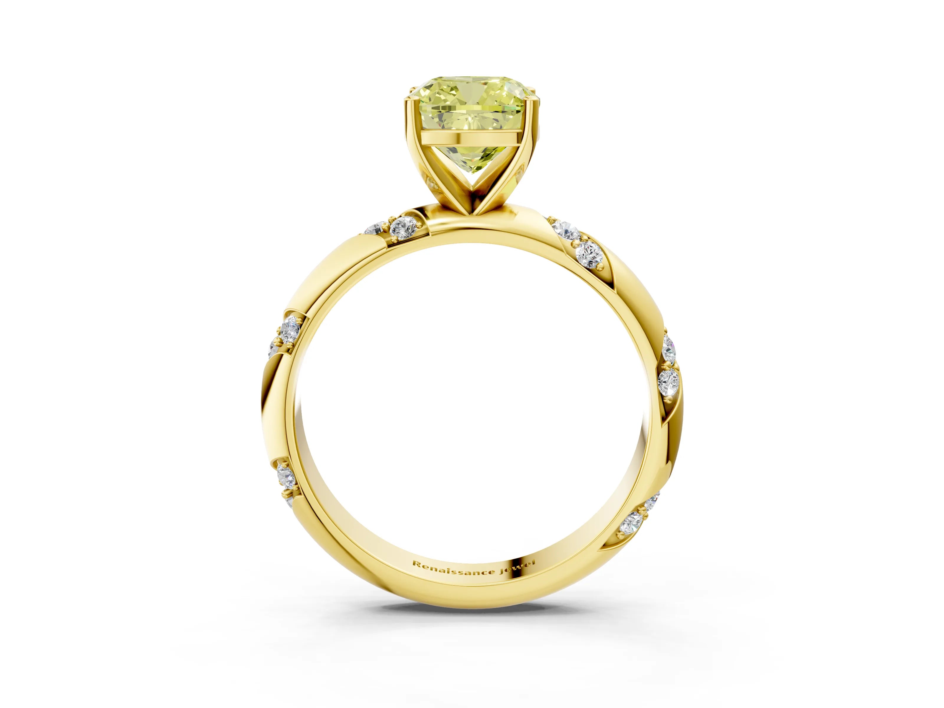 Yellow gold Fancy Yellow Cushion Cut Solitaire Diamond Engagement Ring with Twisted Pave Band and Four-Prong Setting_6