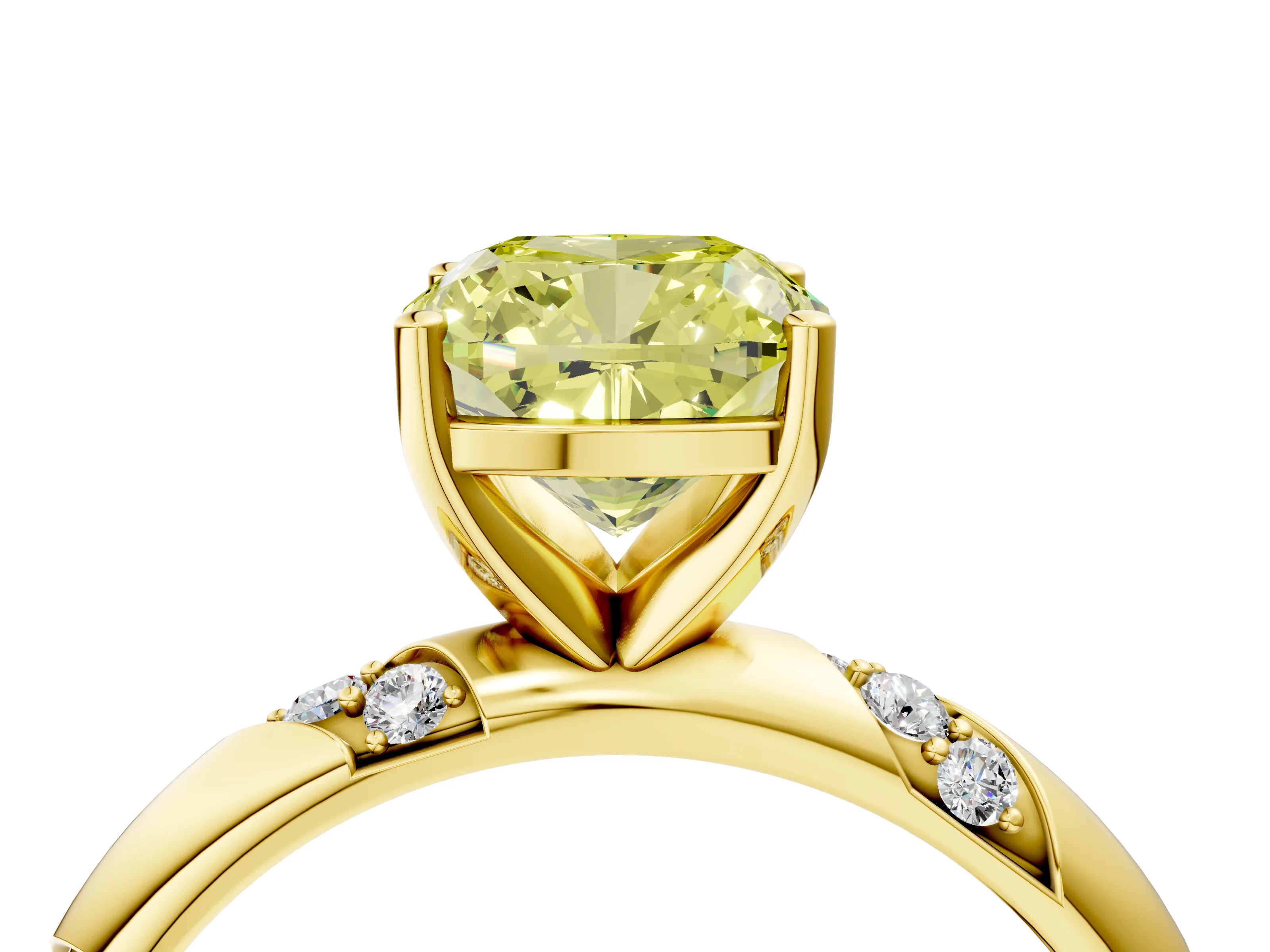 Yellow gold Fancy Yellow Cushion Cut Solitaire Diamond Engagement Ring with Twisted Pave Band and Four-Prong Setting_7