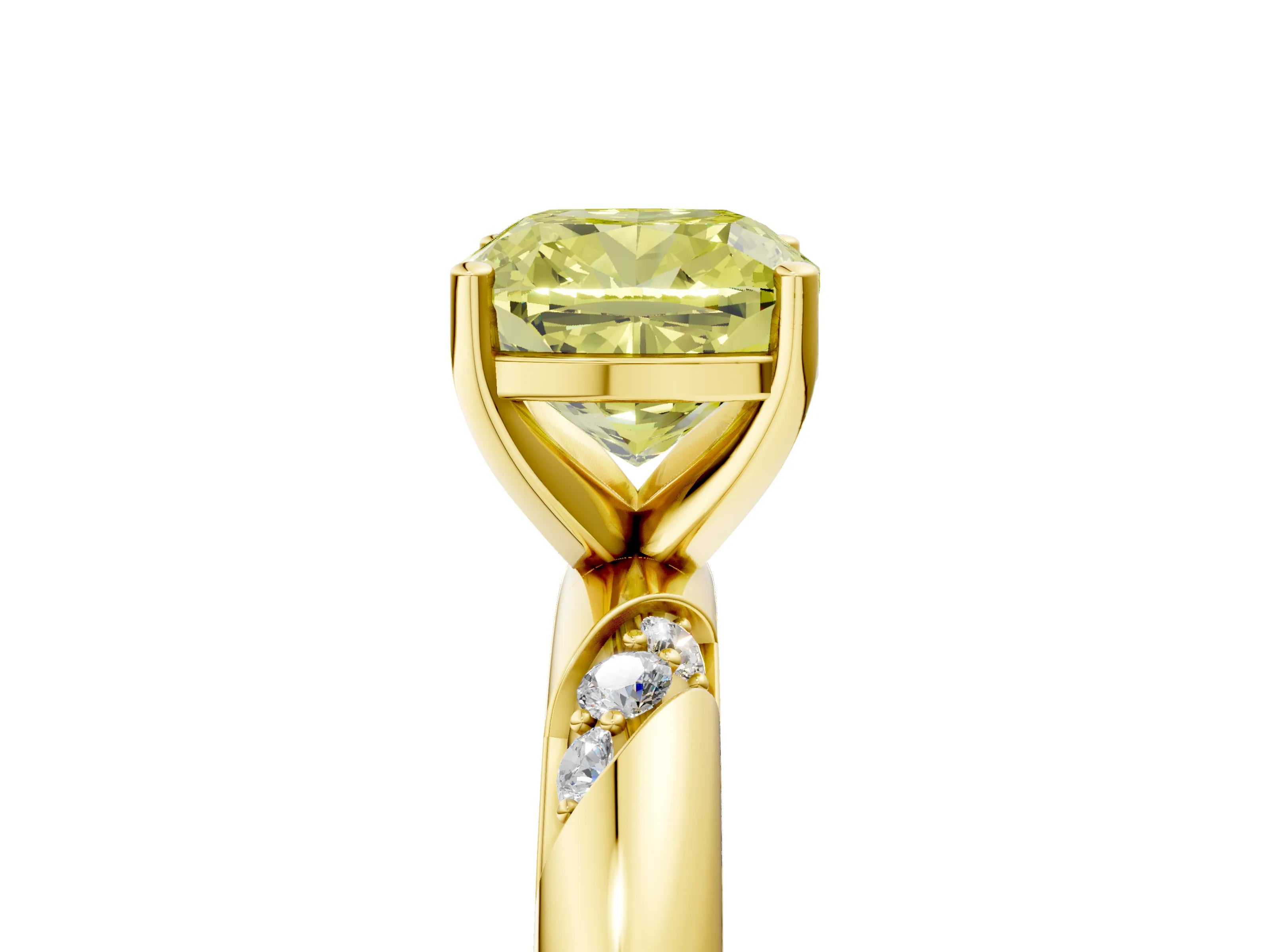 Yellow gold Fancy Yellow Cushion Cut Solitaire Diamond Engagement Ring with Twisted Pave Band and Four-Prong Setting_8