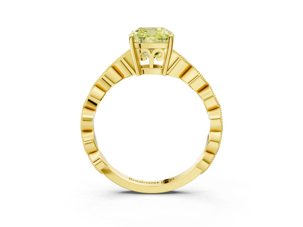 Yellow gold Fancy Yellow Cushion Cut Solitaire Diamond Ring with Infinity Twist Band and Four-Prong Setting