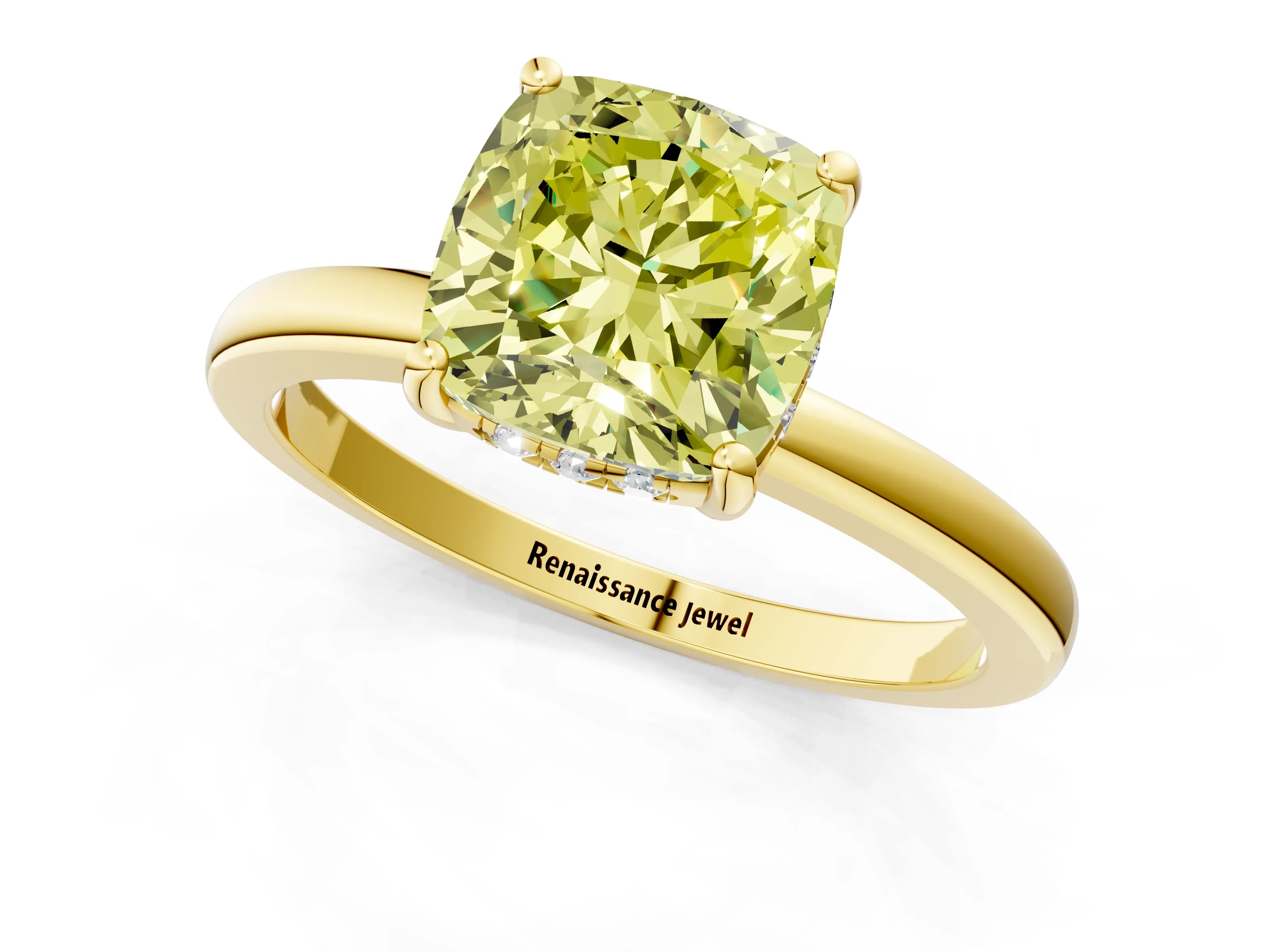 Yellow gold Fancy Yellow Cushion Cut Solitaire Diamond Ring with Prong Setting and Plain Band_1