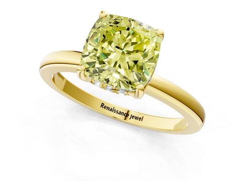 Yellow gold Fancy Yellow Cushion Cut Solitaire Diamond Ring with Prong Setting and Plain Band_1