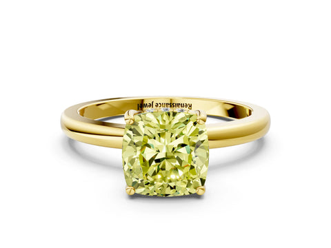 Yellow gold Fancy Yellow Cushion Cut Solitaire Diamond Ring with Prong Setting and Plain Band