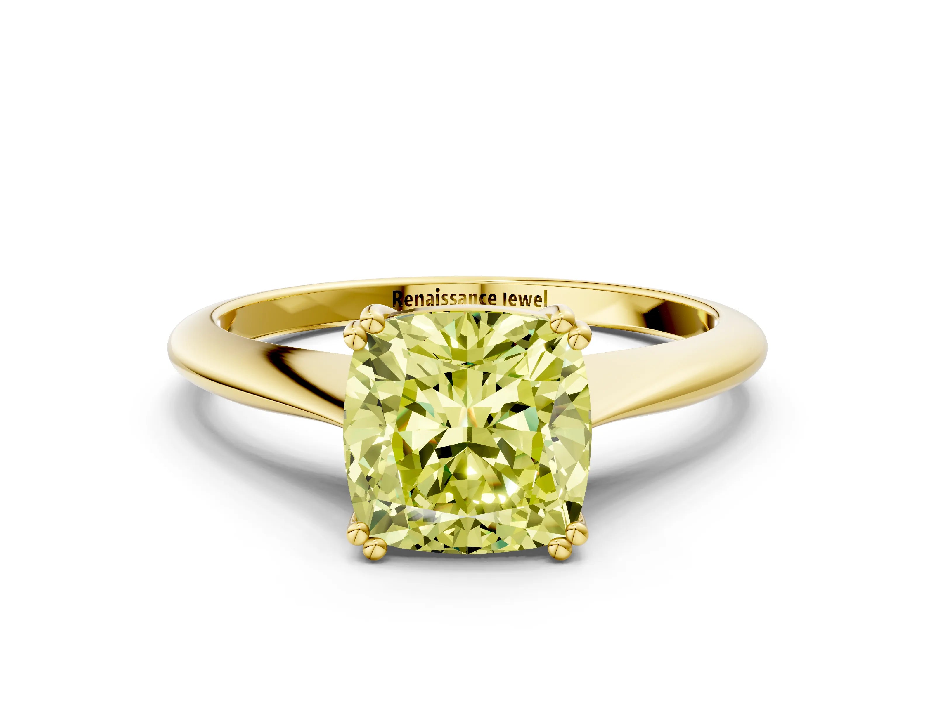 Yellow gold Fancy Yellow Cushion Cut Solitaire Diamond Ring with Six-Prong Setting and Classic Band