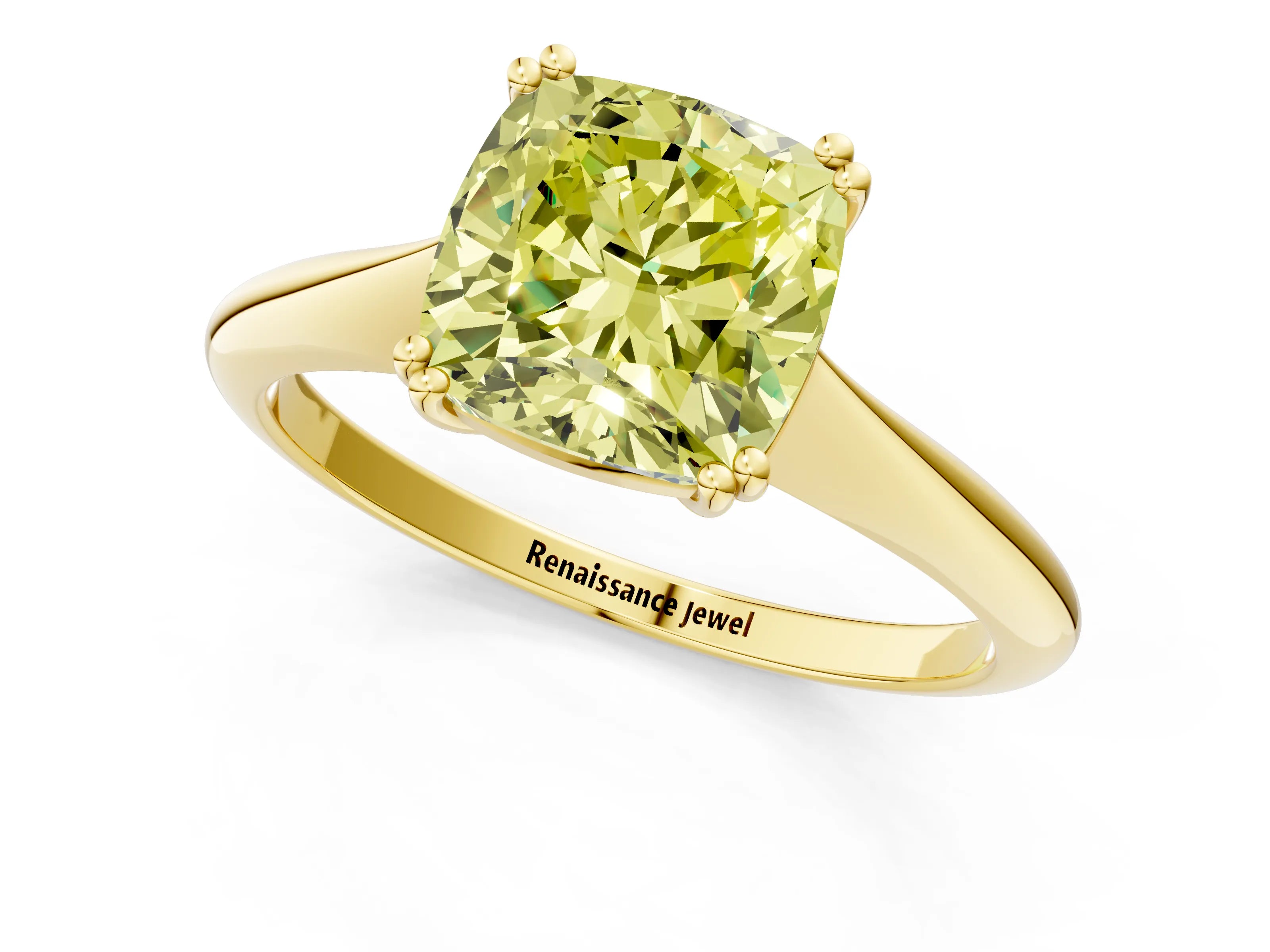 Yellow gold Fancy Yellow Cushion Cut Solitaire Diamond Ring with Six-Prong Setting and Classic Band_1