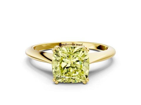 Yellow gold Fancy Yellow Cushion Cut Solitaire Diamond Ring with Six-Prong Setting and Classic Band