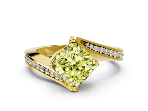 Yellow gold Fancy Yellow Cushion Cut Solitaire Diamond Twist Band with Pavé Setting and Four-Prong Setting