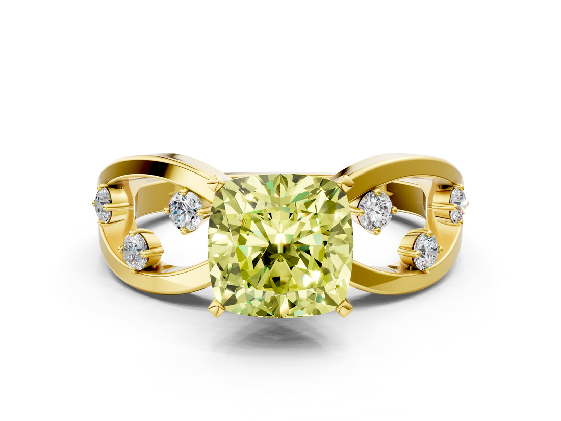 Yellow gold Fancy Yellow Cushion  Cut Solitaire Diamond with Side Stones on Criss-Cross Band and Four-Prong Setting_3