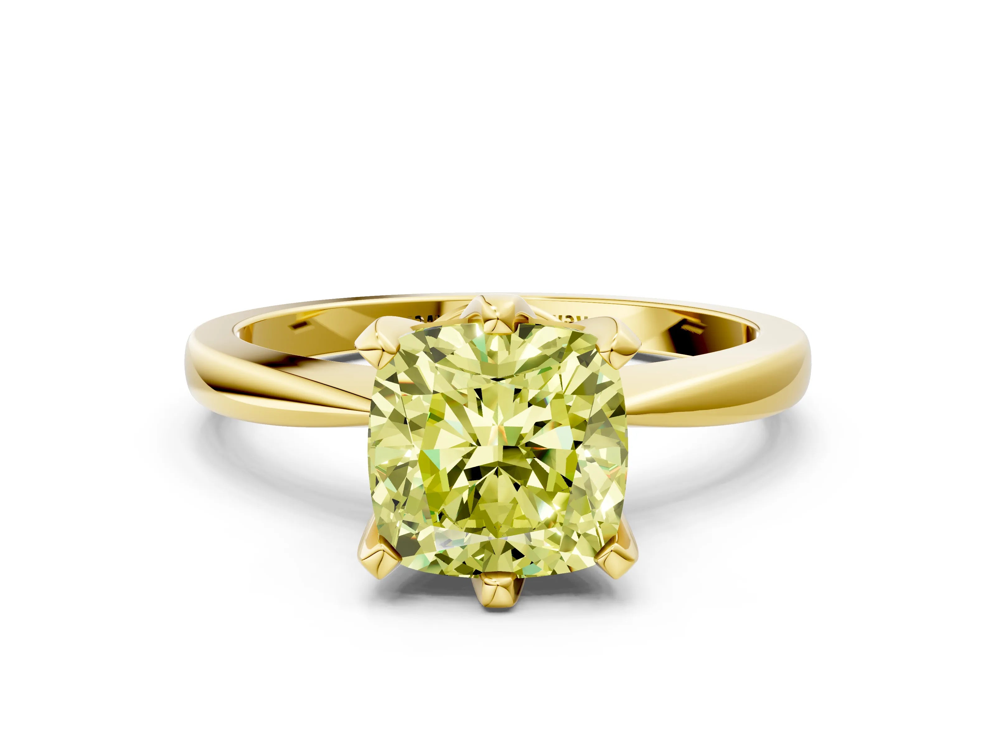 Yellow gold Fancy Yellow Cushion Cut Solitaire Engagement Ring with Six-Prong Setting and Tapered Band