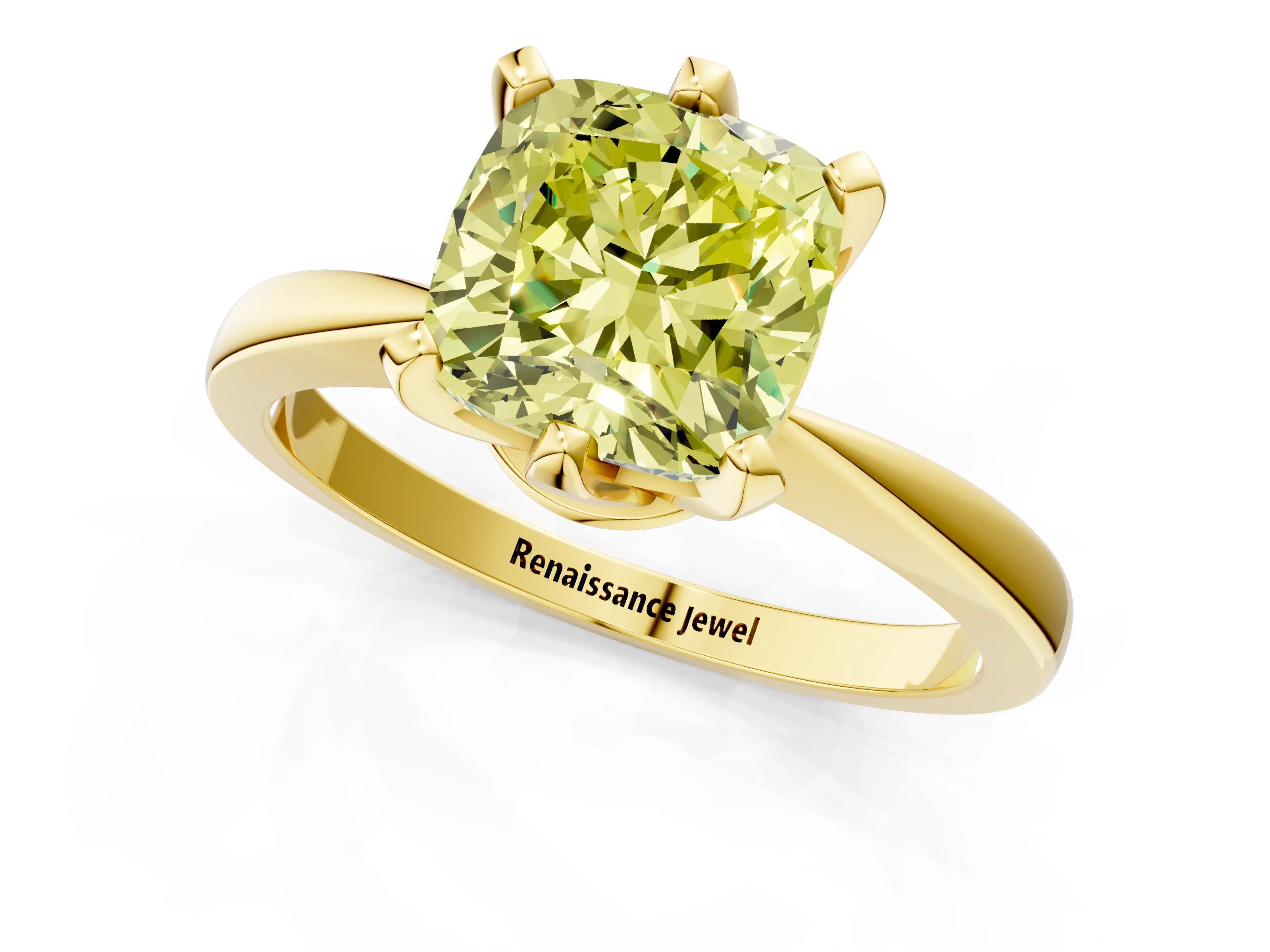 Yellow gold Fancy Yellow Cushion Cut Solitaire Engagement Ring with Six-Prong Setting and Tapered Band_1