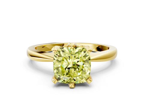 Yellow gold Fancy Yellow Cushion Cut Solitaire Engagement Ring with Six-Prong Setting and Tapered Band