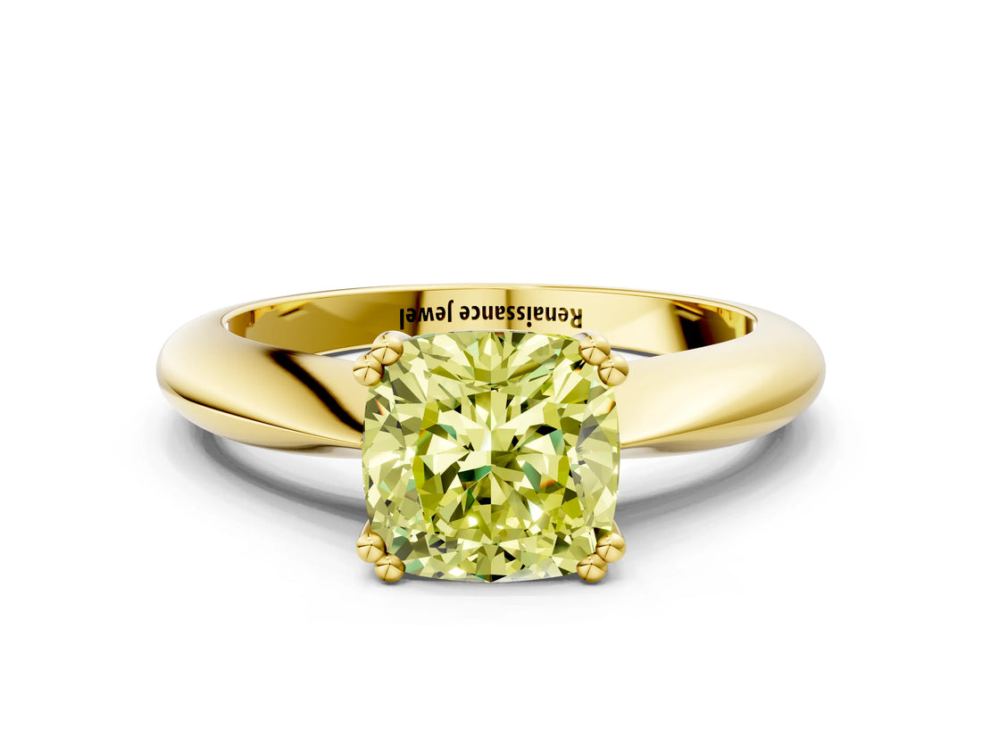 Yellow gold Fancy Yellow Cushion  Cut Solitaire Engagement Ring with Tapered Band and Four-Prong Setting 1