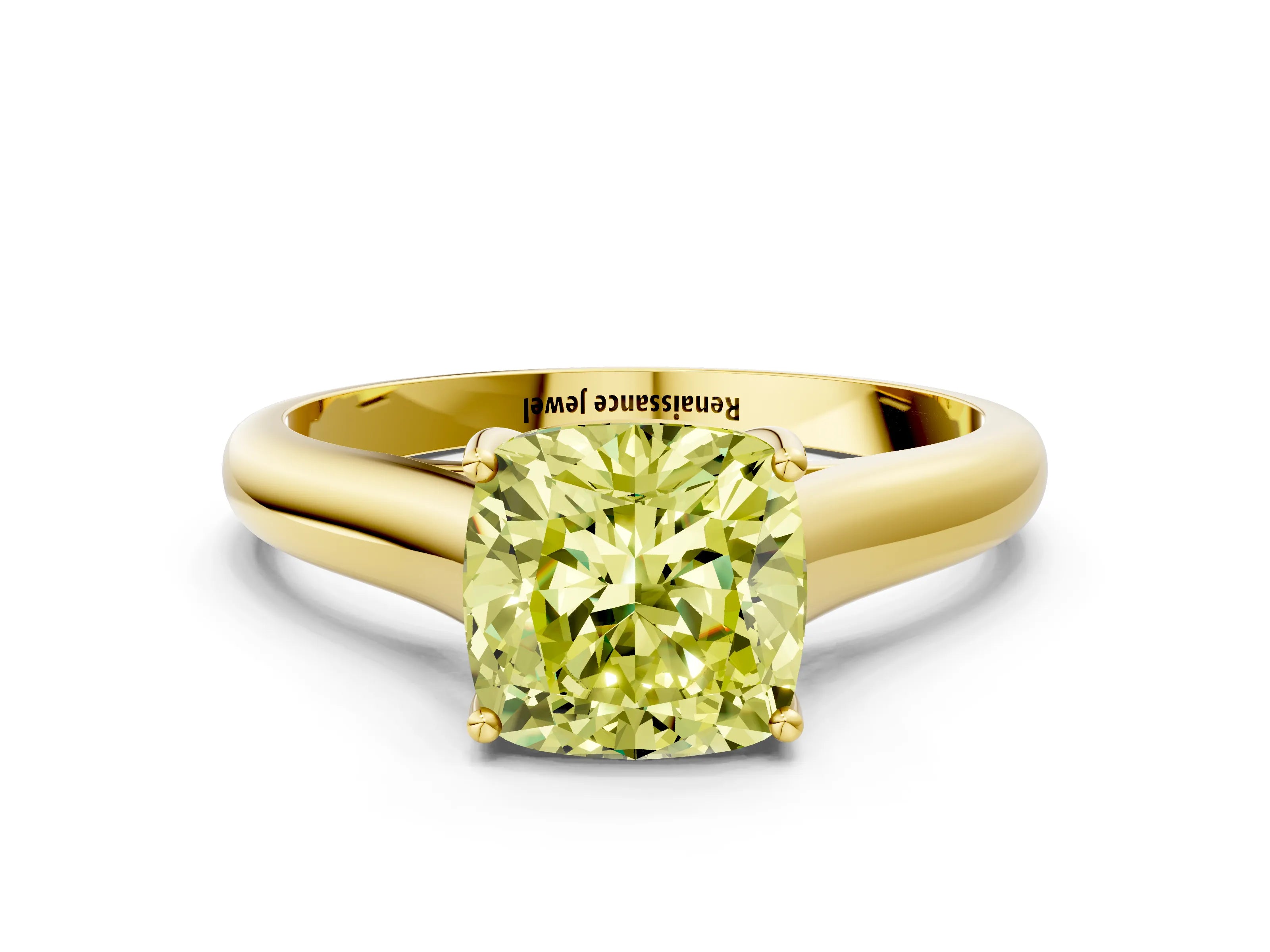 Yellow gold Fancy Yellow Cushion Cut Solitaire Engagement Ring with Tapered Band and Four-Prong Setting_3