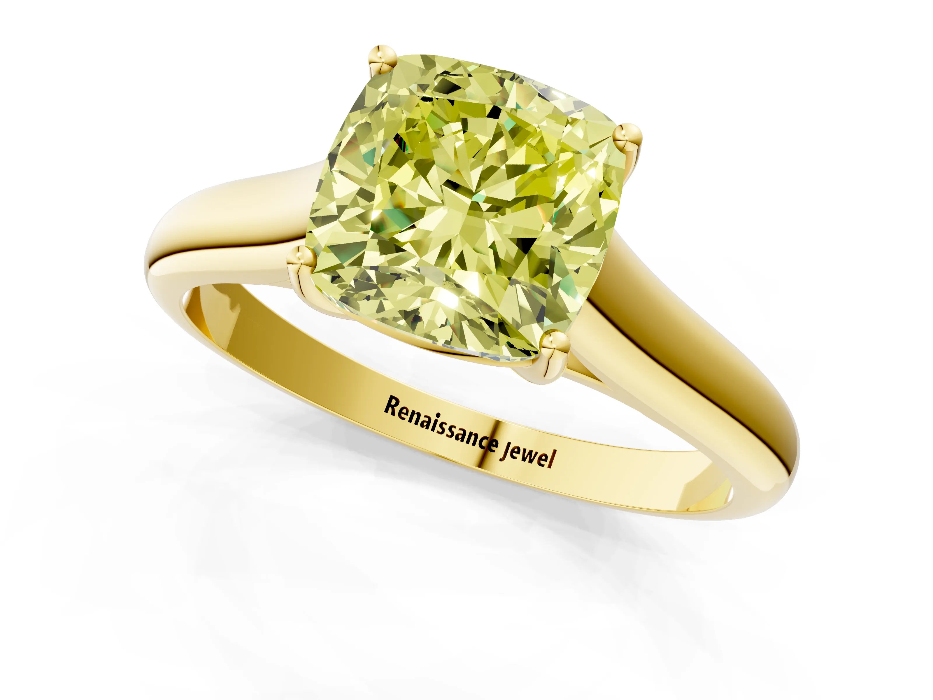 Yellow gold Fancy Yellow Cushion Cut Solitaire Engagement Ring with Tapered Band and Four-Prong Setting_4