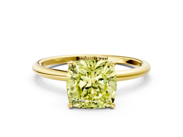 Yellow gold Fancy Yellow Cushion  Cut Solitaire Engagement Ring with Thin Band and Four-Prong Setting