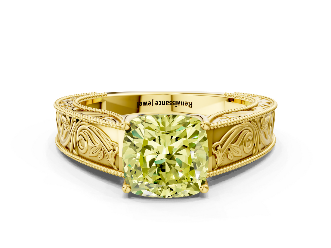 Yellow gold Fancy Yellow Cushion  Cut Solitaire Engraved Band with Four-Prong Setting_62