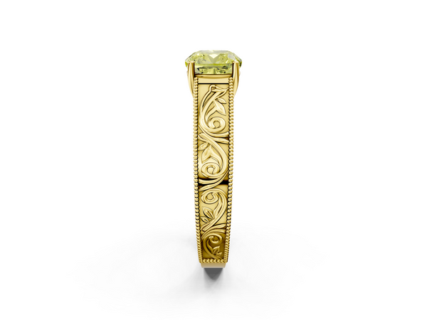 Yellow gold Fancy Yellow Cushion Cut Diamond Solitaire Ring with Engraved Band and Four-Prong Setting