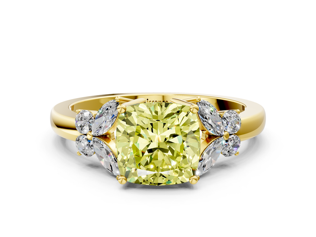 Yellow gold Fancy Yellow Cushion  Cut Solitaire Floral Diamond Ring with Four-Prong Setting_37