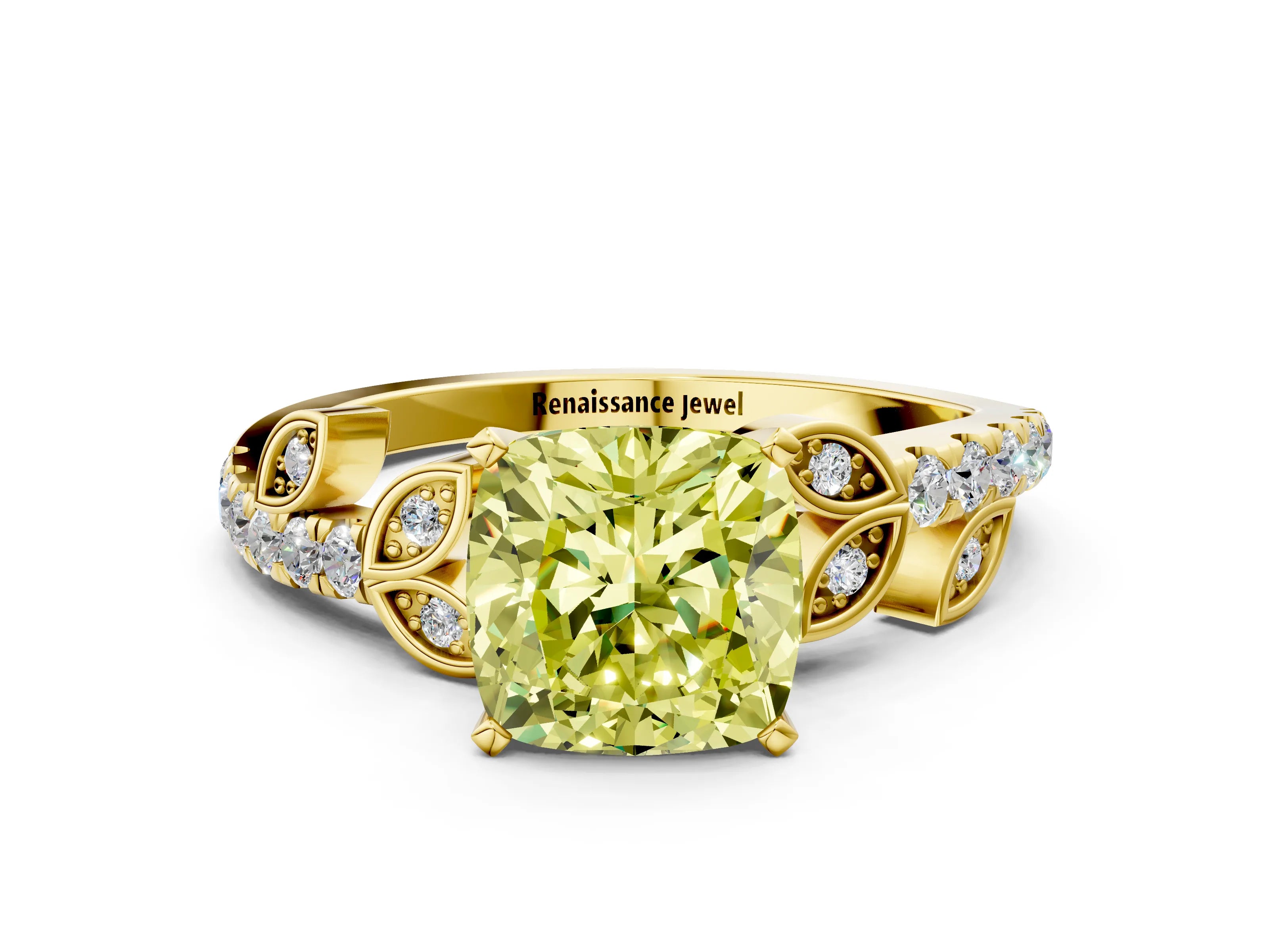 Yellow gold Fancy Yellow Cushion Cut Solitaire Leaf-Inspired Diamond Ring with Pavé Band and Four-Prong Setting