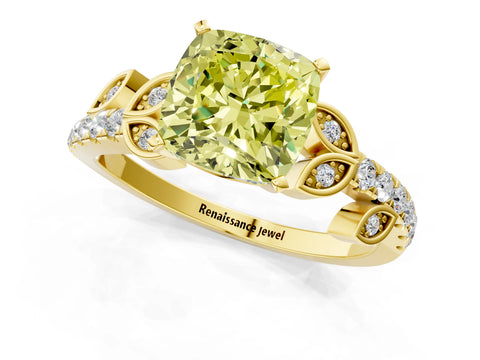 Yellow gold Fancy Yellow Cushion Cut Solitaire Leaf-Inspired Diamond Ring with Pavé Band and Four-Prong Setting_1