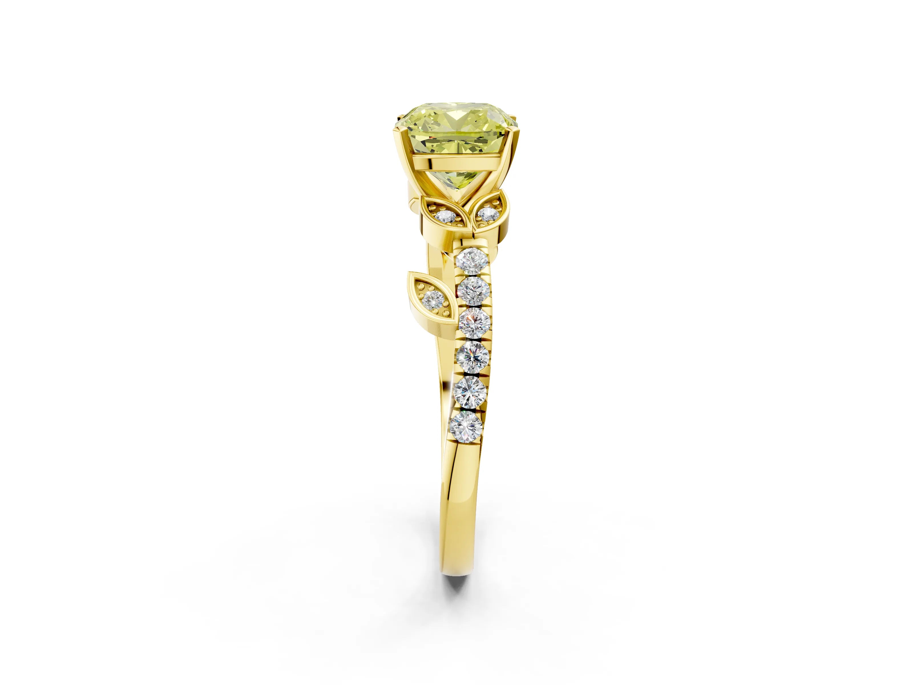 Yellow gold Fancy Yellow Cushion Cut Solitaire Leaf-Inspired Diamond Ring with Pavé Band and Four-Prong Setting_2
