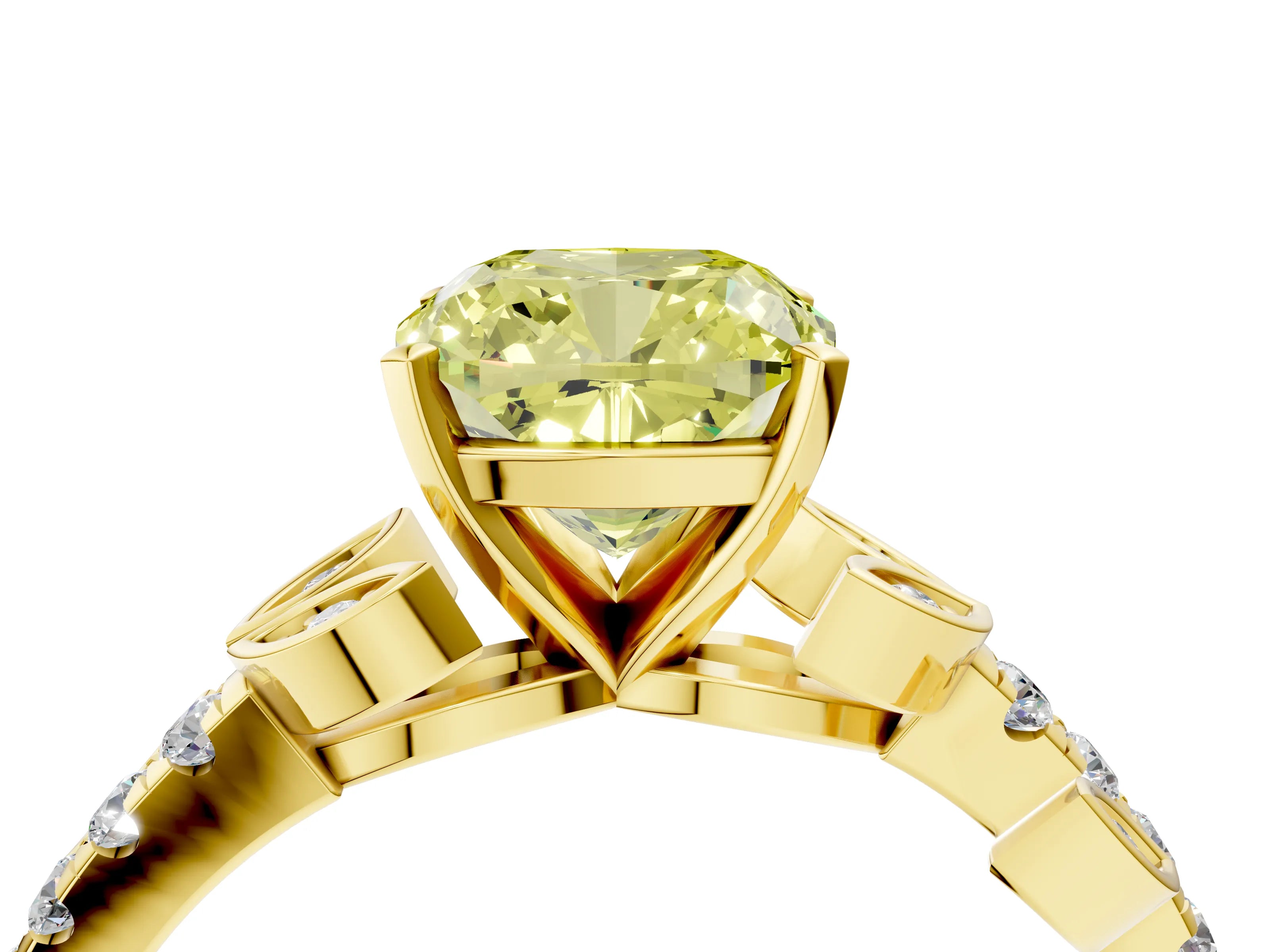 Yellow gold Fancy Yellow Cushion Cut Solitaire Leaf-Inspired Diamond Ring with Pavé Band and Four-Prong Setting_4
