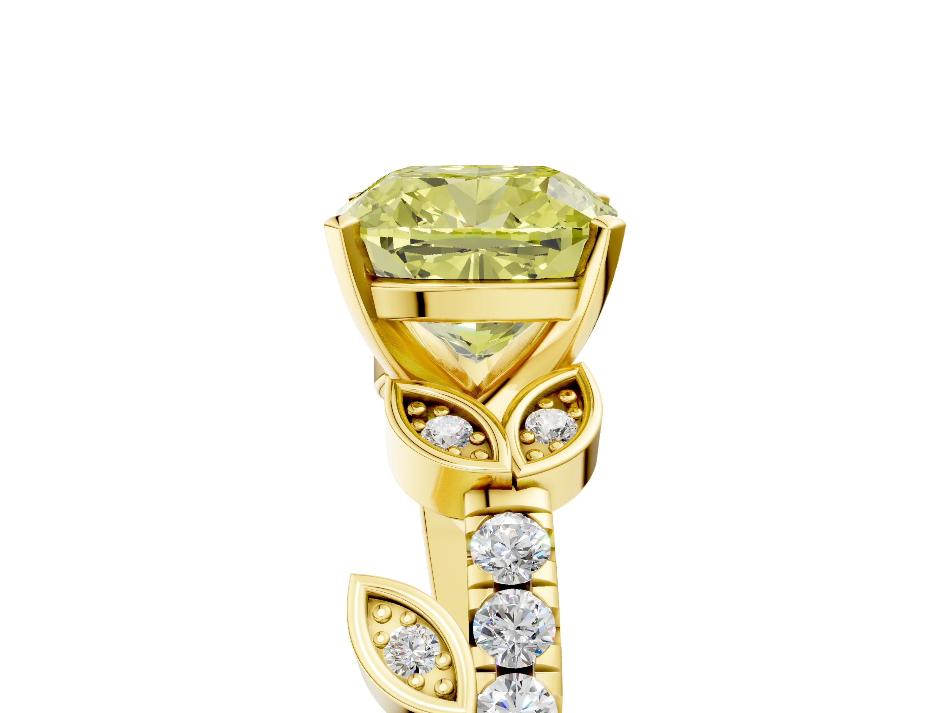 Yellow gold Fancy Yellow Cushion Cut Solitaire Leaf-Inspired Diamond Ring with Pavé Band and Four-Prong Setting_5