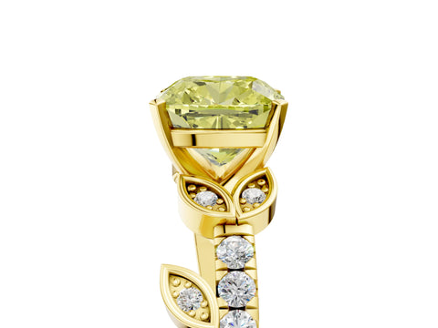Yellow gold Fancy Yellow Cushion Cut Solitaire Leaf-Inspired Diamond Ring with Pavé Band and Four-Prong Setting_5