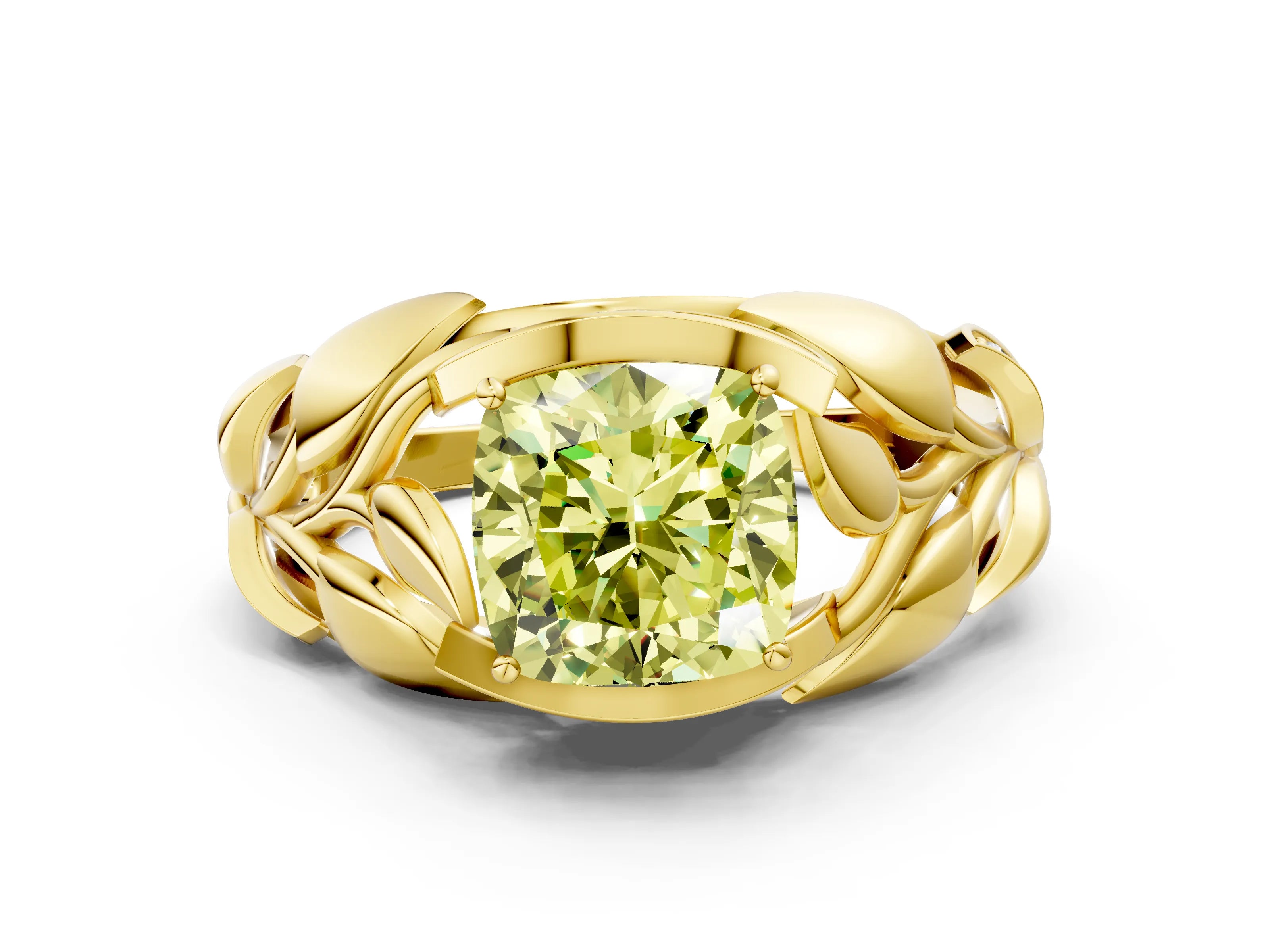 Yellow gold Fancy Yellow Cushion Cut Solitaire Leaf-Inspired Engagement Ring with Prong Setting