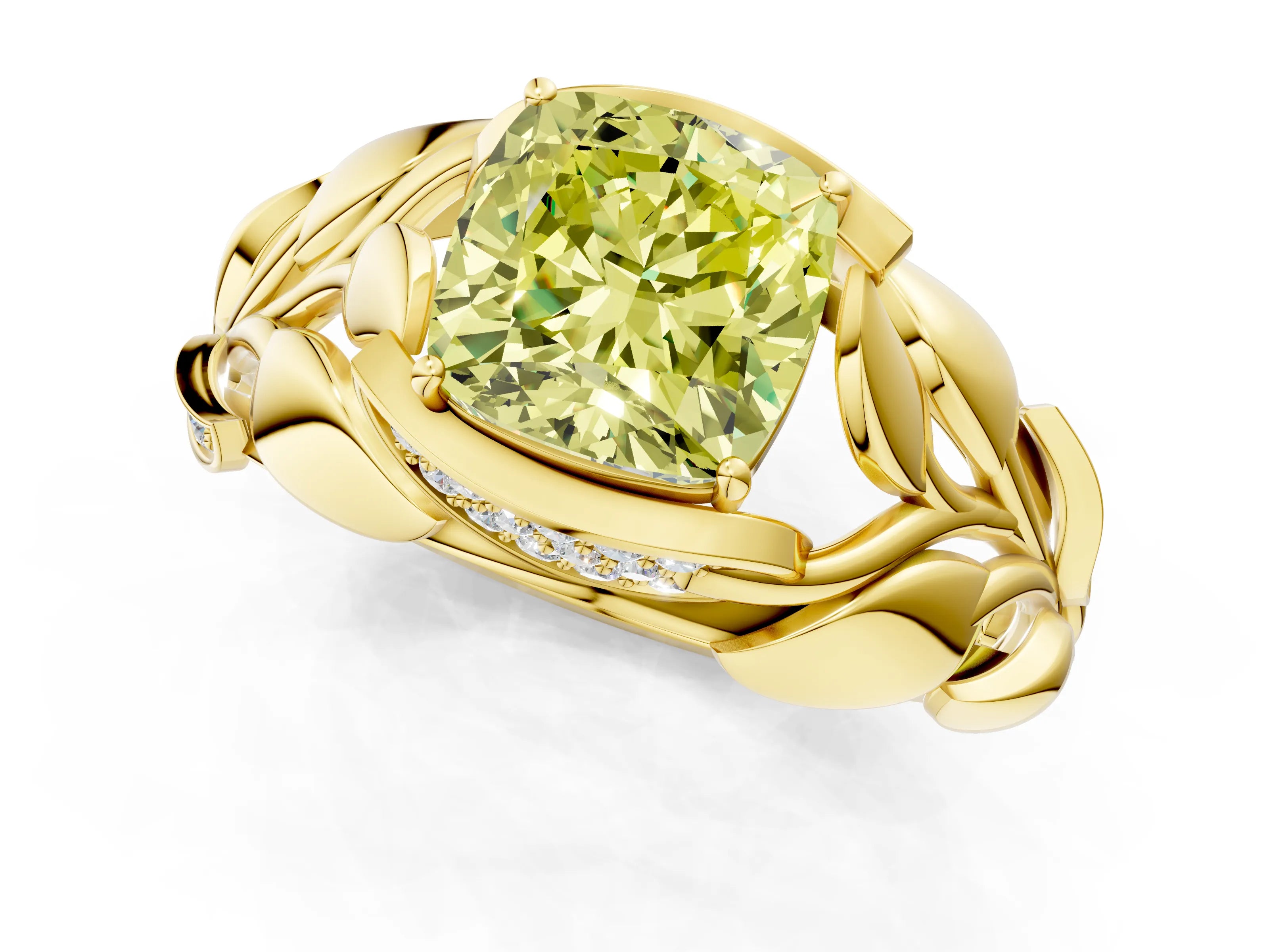Yellow gold Fancy Yellow Cushion Cut Solitaire Leaf-Inspired Engagement Ring with Prong Setting_1