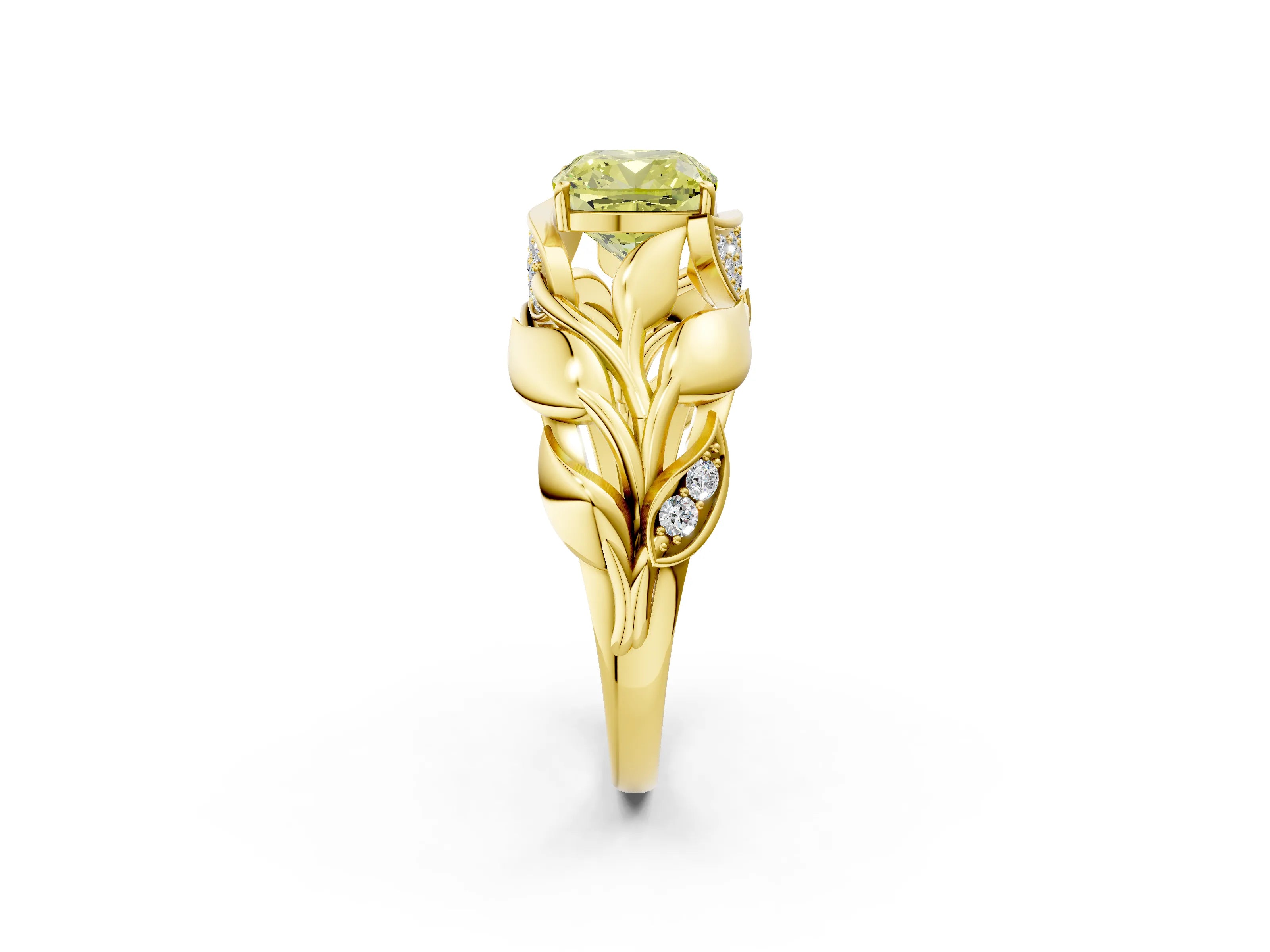 Yellow gold Fancy Yellow Cushion Cut Solitaire Leaf-Inspired Engagement Ring with Prong Setting_2
