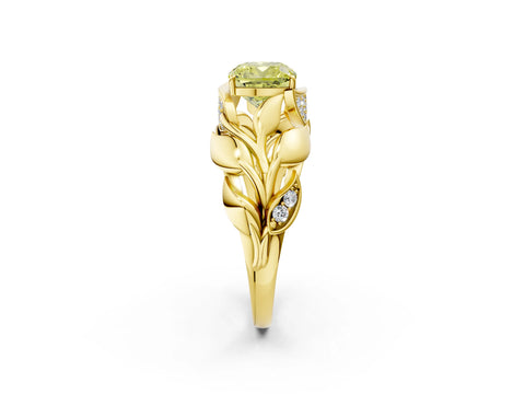 Yellow gold Fancy Yellow Cushion Cut Solitaire Leaf-Inspired Engagement Ring with Prong Setting_2