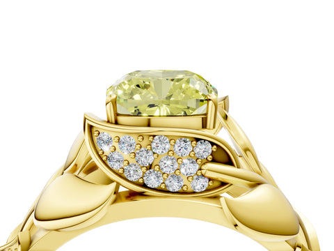 Yellow gold Fancy Yellow Cushion Cut Solitaire Leaf-Inspired Engagement Ring with Prong Setting_4