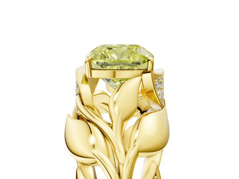 Yellow gold Fancy Yellow Cushion Cut Solitaire Leaf-Inspired Engagement Ring with Prong Setting_5