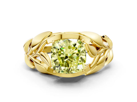 Yellow gold Fancy Yellow Cushion Cut Solitaire Leaf-Inspired Engagement Ring with Prong Setting