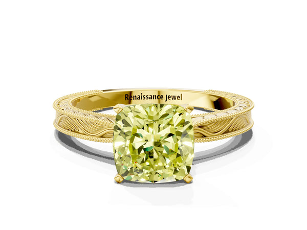 Yellow gold Fancy Yellow Cushion Cut Solitaire Milgrain Engraved Band with Four-Prong Setting