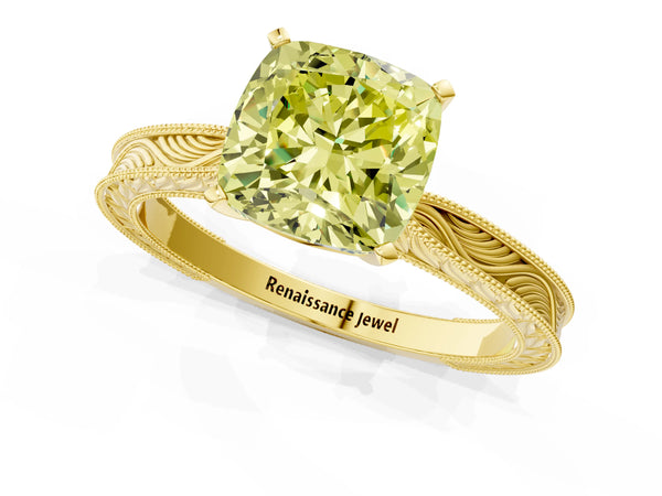 Yellow gold Fancy Yellow Cushion Cut Solitaire Milgrain Engraved Band with Four-Prong Setting