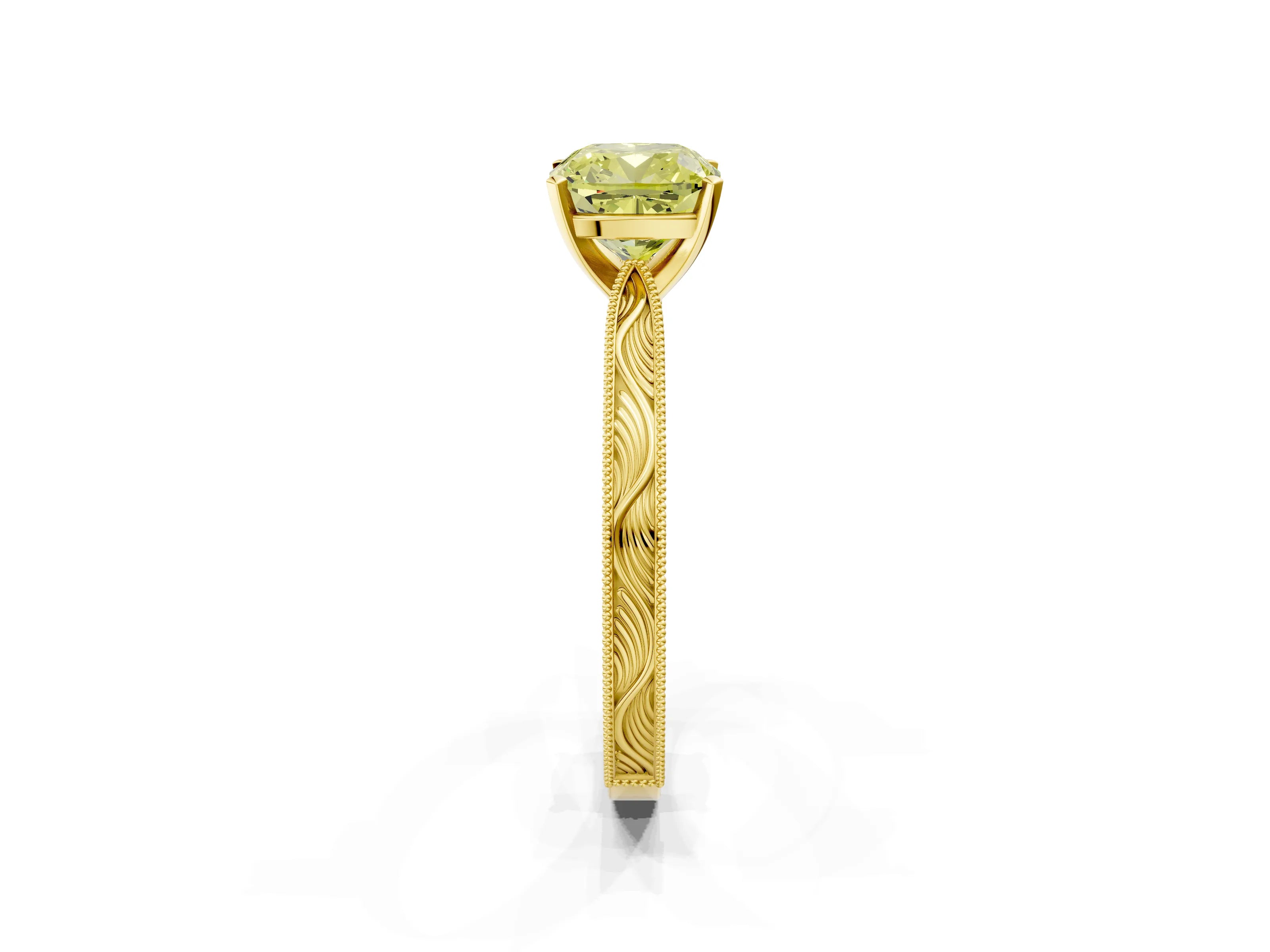 Yellow gold Fancy Yellow Cushion Cut Solitaire Milgrain Engraved Band with Four-Prong Setting_2