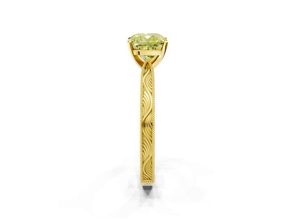 Yellow gold Fancy Yellow Cushion Cut Solitaire Milgrain Engraved Band with Four-Prong Setting