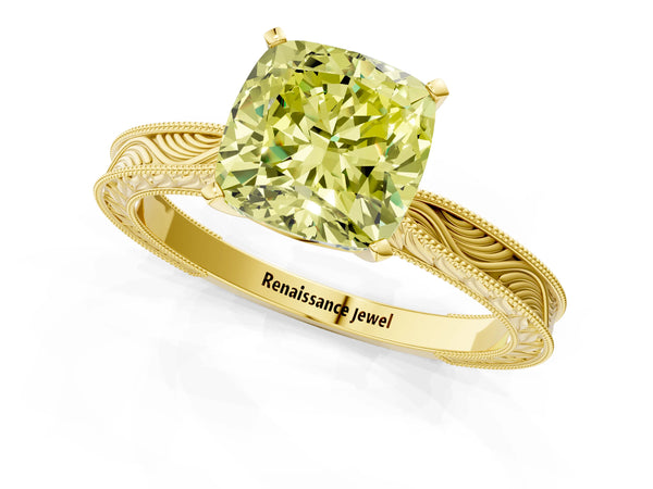 Yellow gold Fancy Yellow Cushion Cut Solitaire Milgrain Engraved Band with Four-Prong Setting
