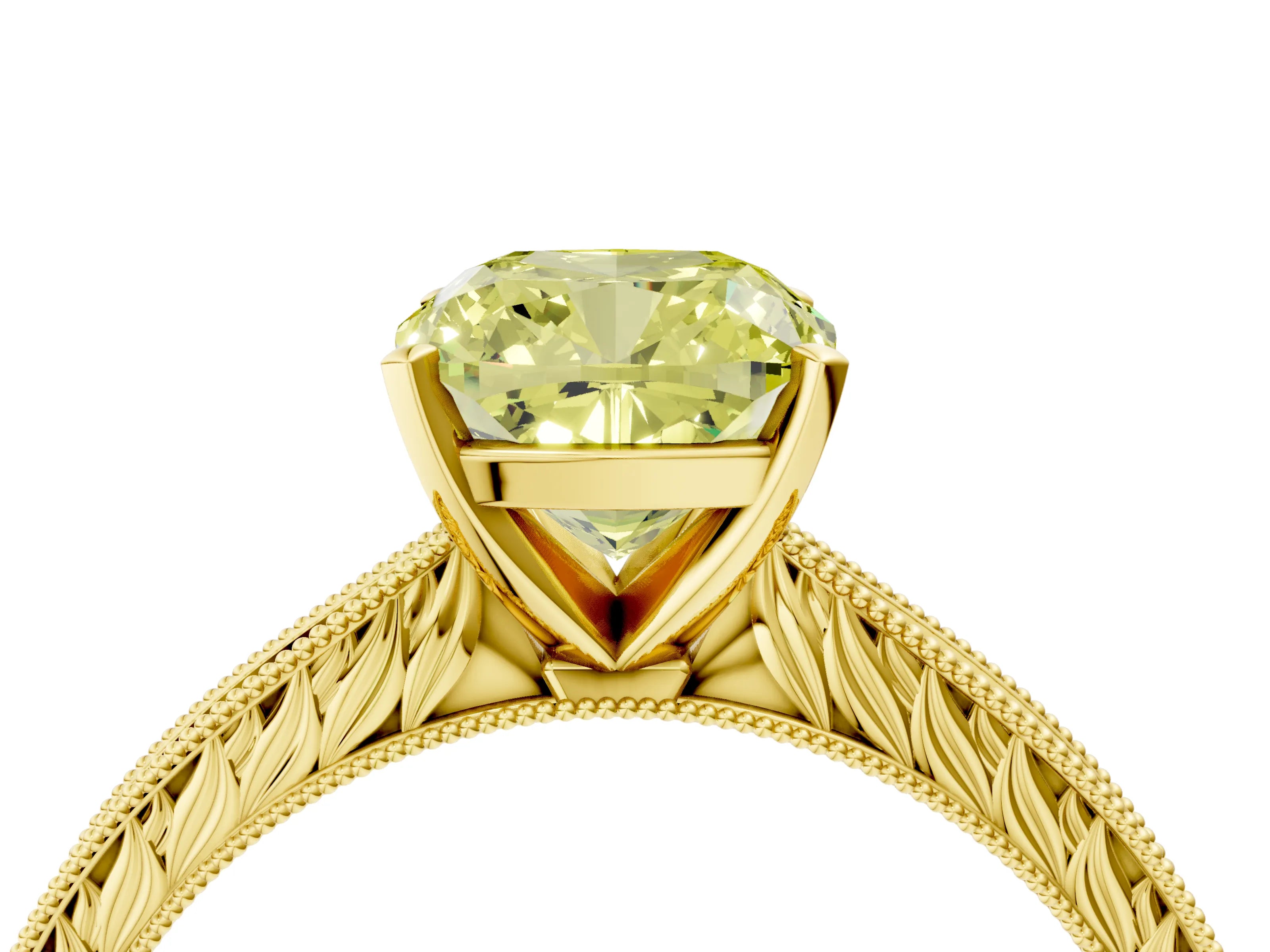 Yellow gold Fancy Yellow Cushion Cut Solitaire Milgrain Engraved Band with Four-Prong Setting_4