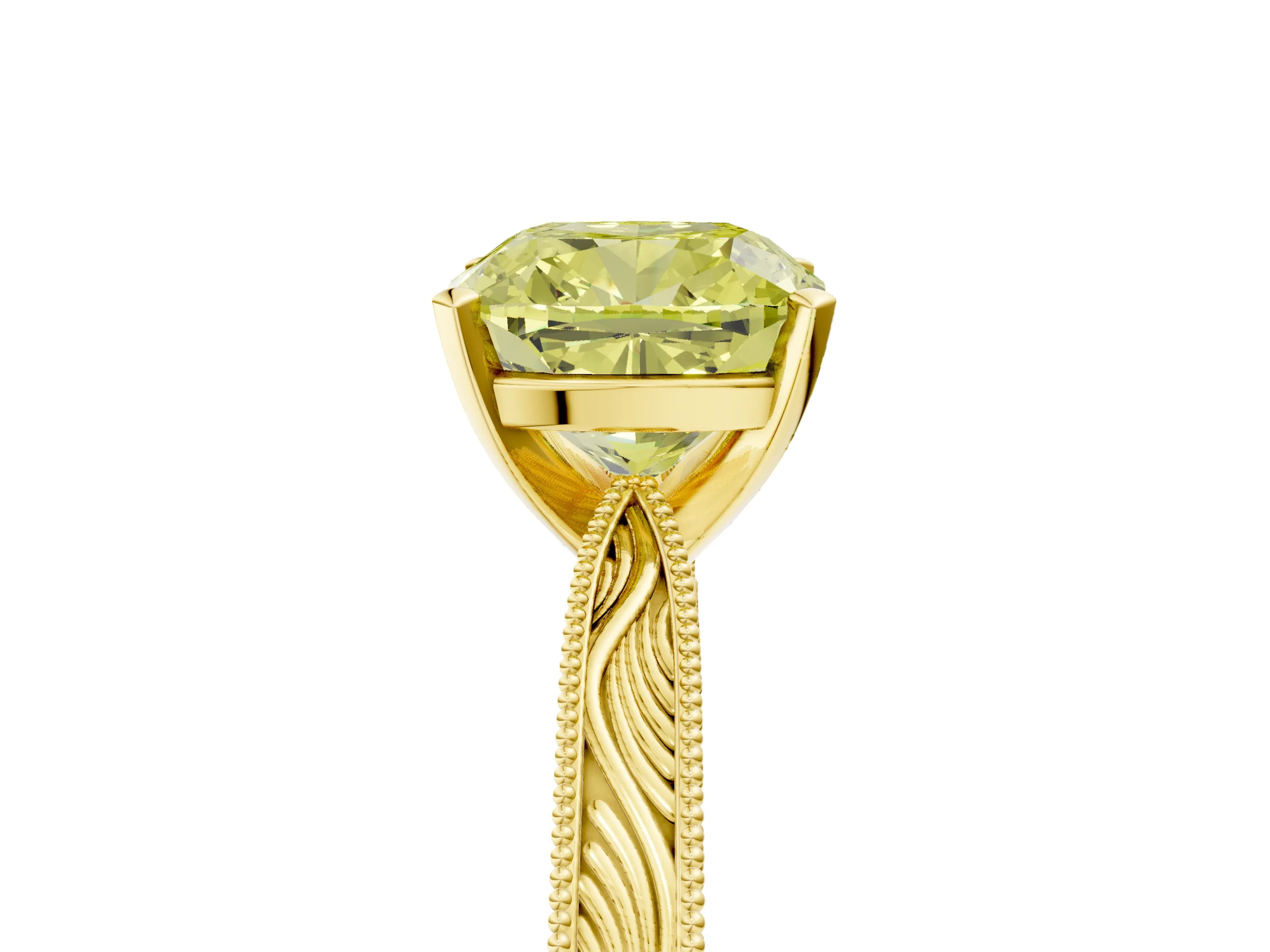 Yellow gold Fancy Yellow Cushion Cut Solitaire Milgrain Engraved Band with Four-Prong Setting_5
