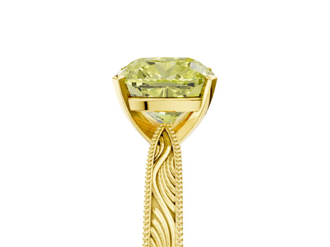 Yellow gold Fancy Yellow Cushion Cut Solitaire Milgrain Engraved Band with Four-Prong Setting_5