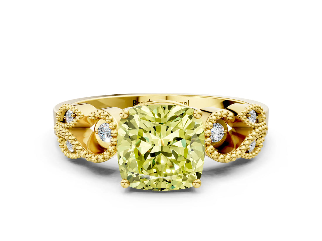 Yellow gold Fancy Yellow Cushion Cut Solitaire Milgrain Leaf Band with Prong Setting